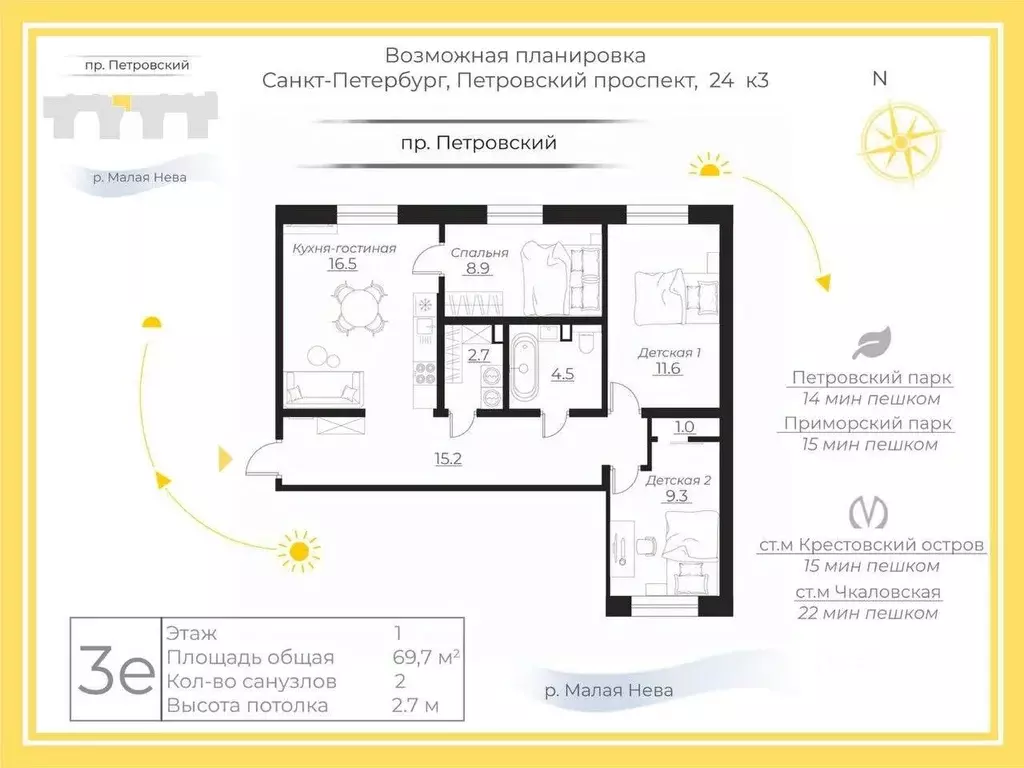 3-к кв. Санкт-Петербург Петровский просп., 24к3 (70.0 м) - Фото 2