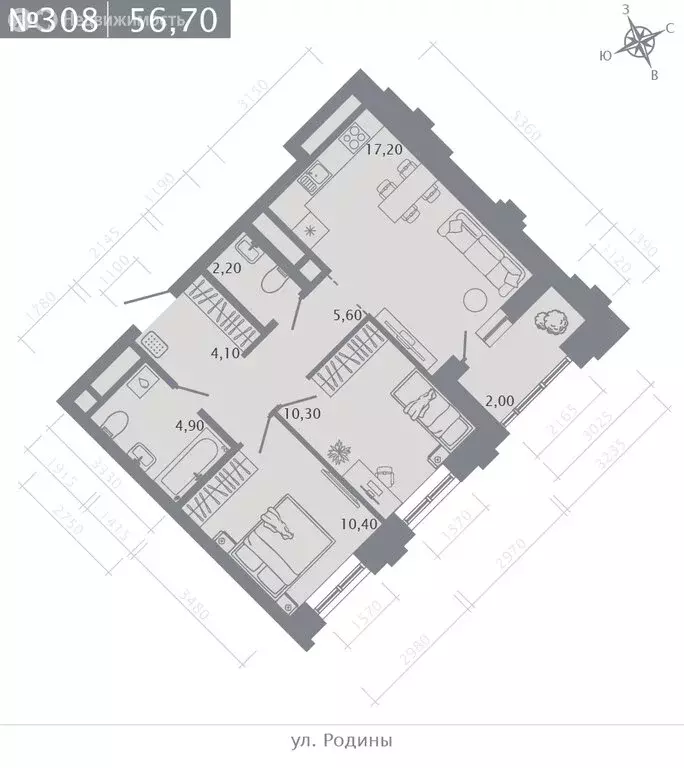 2-комнатная квартира: Казань, улица Родины (56.7 м) - Фото 1