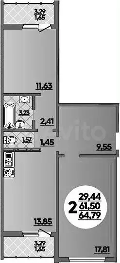 2-к. квартира, 64,8м, 17/18эт. - Фото 1