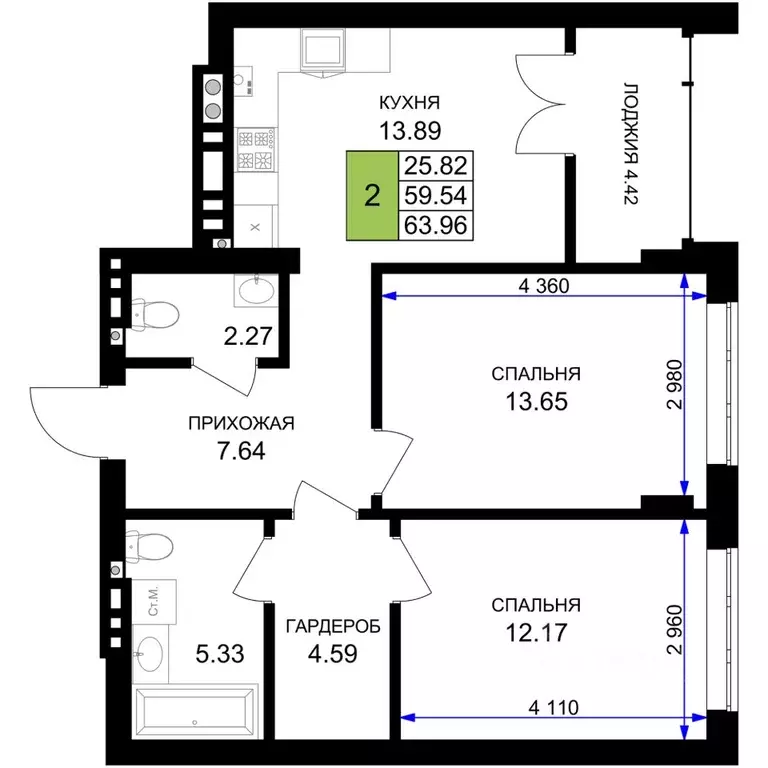 2-к кв. Калининградская область, Гурьевск Включи жилой комплекс (63.96 ... - Фото 0