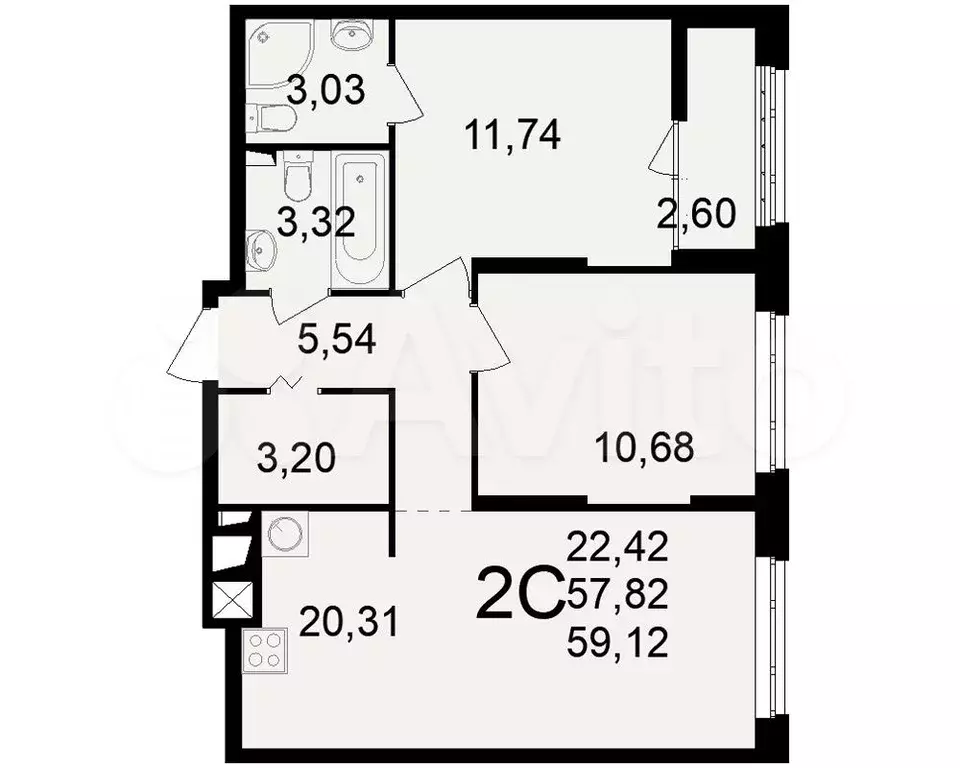 2-к. квартира, 59,1 м, 14/22 эт. - Фото 1