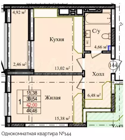 1-к. квартира, 44,7 м, 2/9 эт. - Фото 1