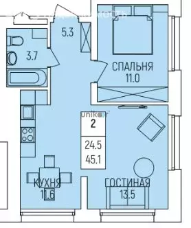 2-комнатная квартира: Уфа, улица Рудольфа Нуреева, 5 (45.1 м) - Фото 0