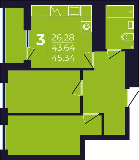 3-к квартира, 45.34 м - Фото 0