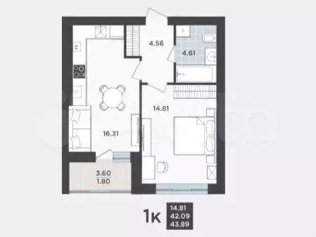 1-к. квартира, 43,9 м, 2/9 эт. - Фото 1