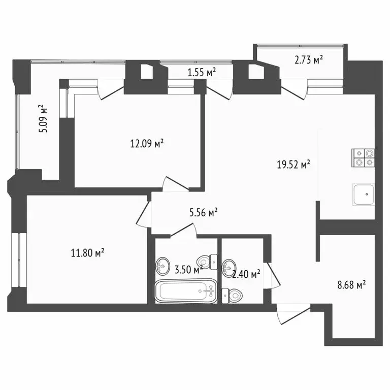 2-комнатная квартира: Тюмень, улица Судостроителей, 48к2 (63.5 м) - Фото 1