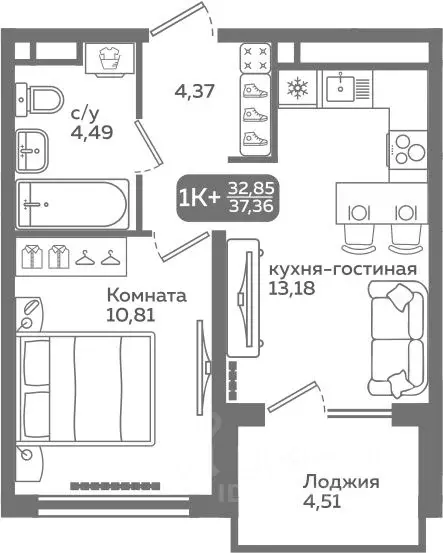 1-к кв. Тюменская область, Тюмень ул. Заполярная, 9/2 (32.85 м) - Фото 0
