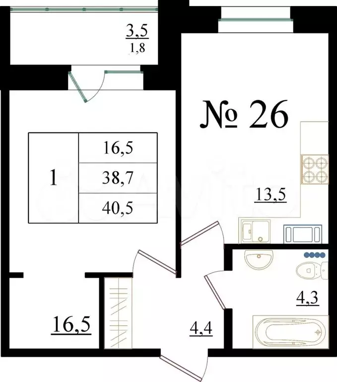 1-к. квартира, 40,5 м, 3/8 эт. - Фото 0