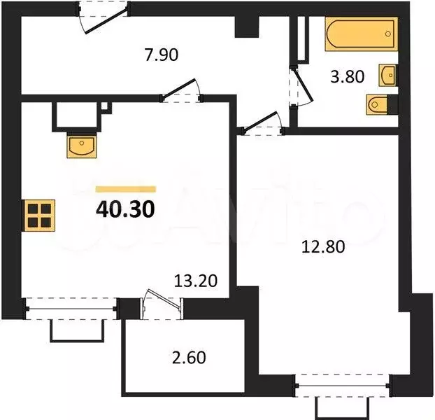 1-к. квартира, 40,3 м, 1/8 эт. - Фото 1