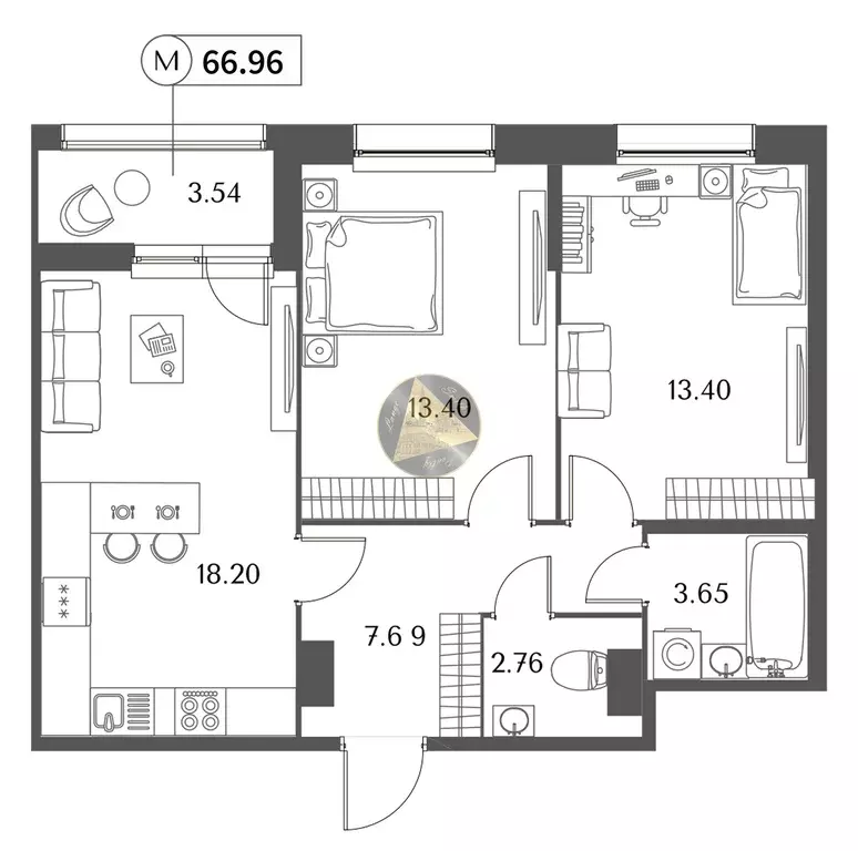 Продаётся 2-к квартира, 66.96 м - Фото 1