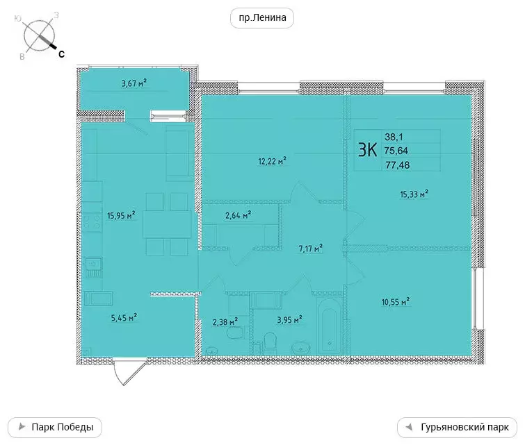 3-комнатная квартира: Обнинск, улица Мира, 2 (77.48 м) - Фото 1