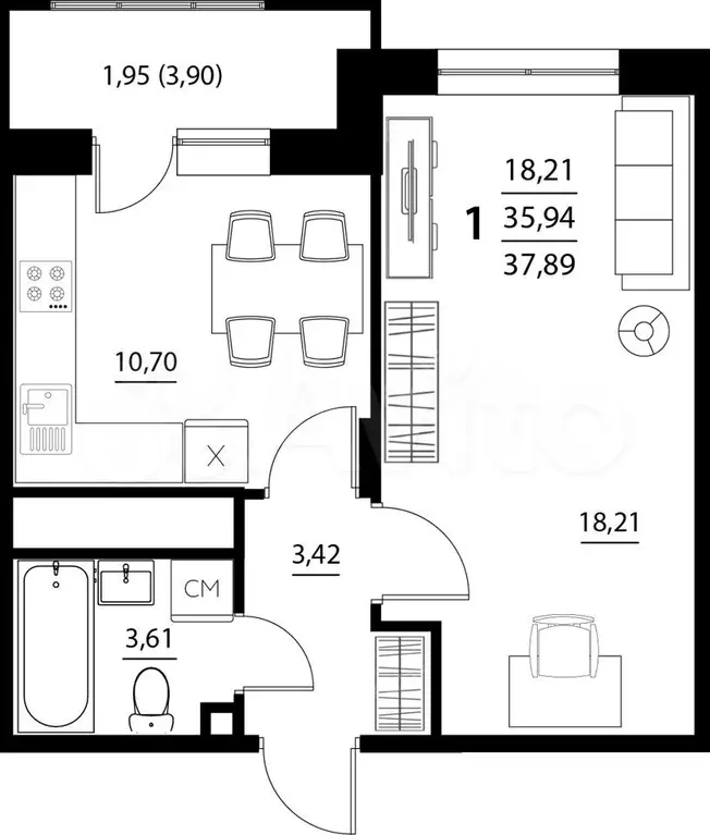 1-к. квартира, 37,9 м, 5/5 эт. - Фото 1