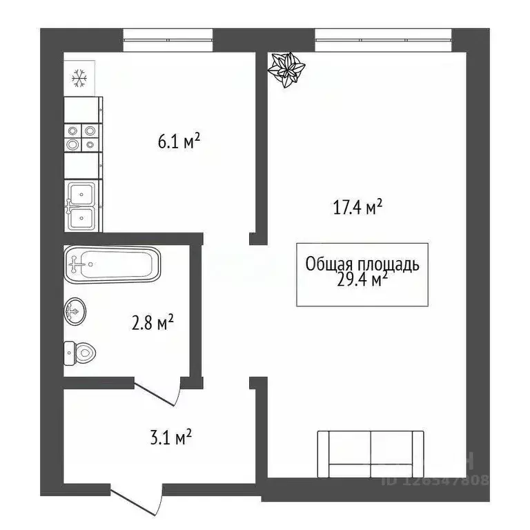1-к кв. Новосибирская область, Новосибирск Широкая ул., 21 (29.9 м) - Фото 1