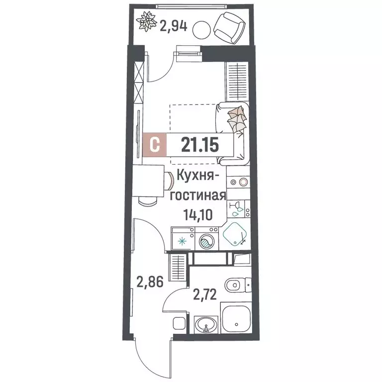 Квартира-студия: Мурино, жилой комплекс Авиатор (21.15 м) - Фото 1