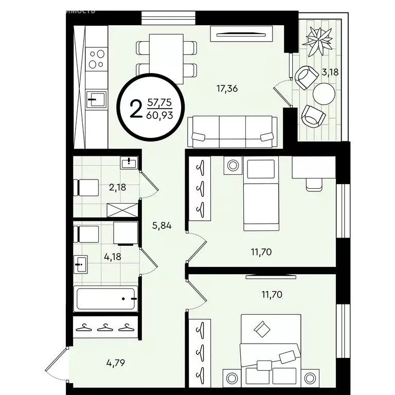 2-комнатная квартира: Тюмень, улица Александра Звягина, 5 (60.93 м) - Фото 0