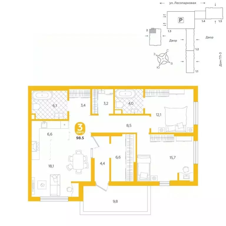 3-к кв. Тюменская область, Тюмень ул. Лесопарковая, 20 (98.5 м) - Фото 0