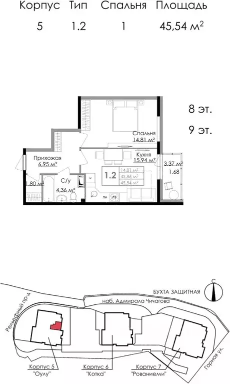 1-к кв. Ленинградская область, Выборг наб. Адмирала Чичагова, 6 (44.8 ... - Фото 1