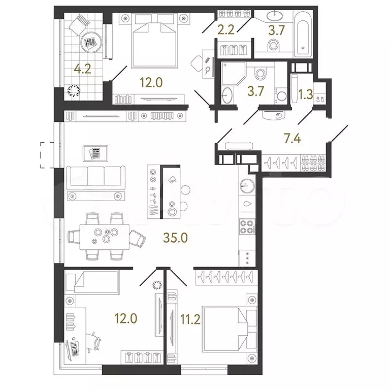 3-к. квартира, 88,5 м, 19/23 эт. - Фото 1