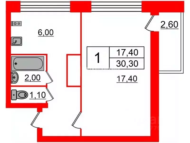 1-к кв. Санкт-Петербург Серебристый бул., 34К1 (30.3 м) - Фото 1