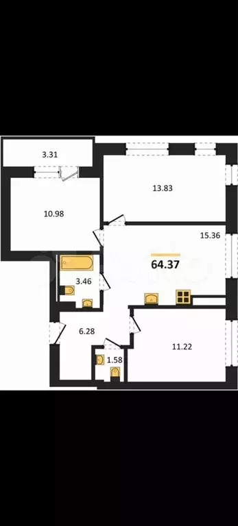 3-к. квартира, 64,4 м, 3/4 эт. - Фото 1