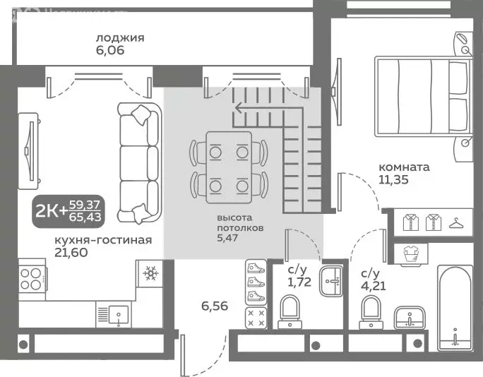 2-комнатная квартира: Тюмень, Заполярная улица, 9 (59.37 м) - Фото 0