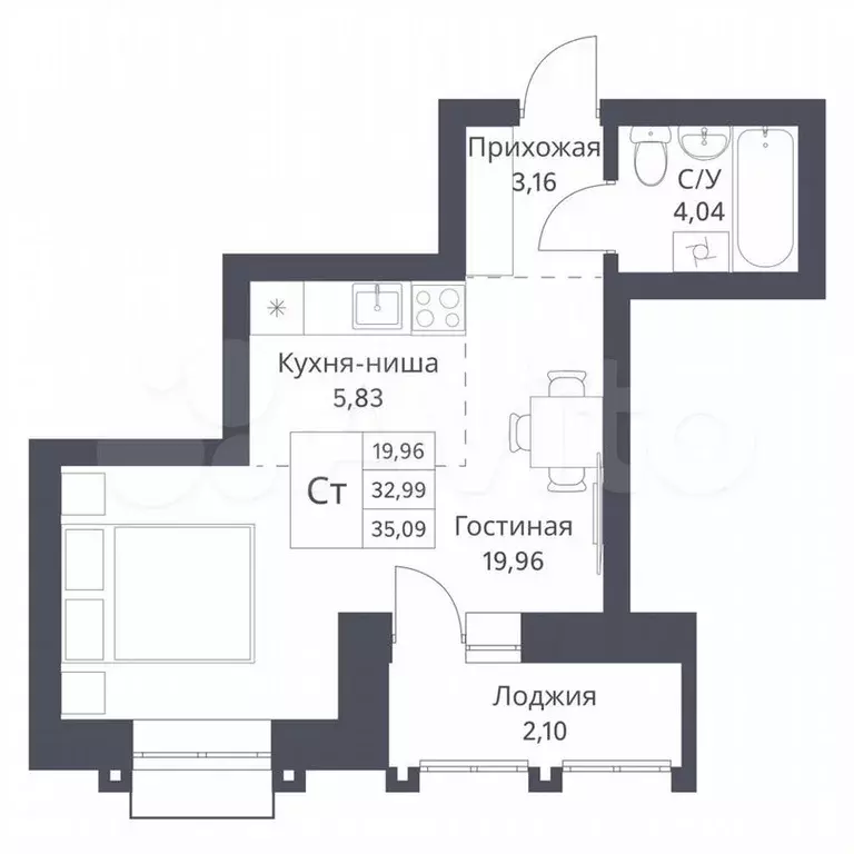 Квартира-студия, 35,1м, 2/18эт. - Фото 0