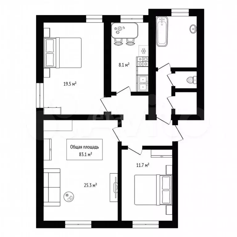 3-к. квартира, 83,1 м, 7/8 эт. - Фото 0