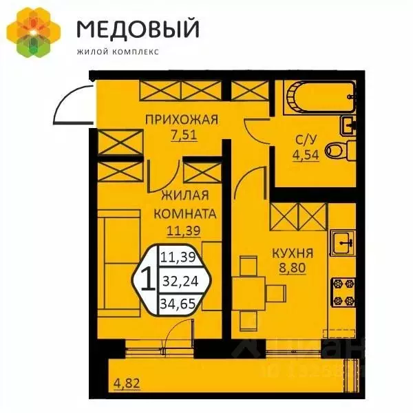 1-к кв. Пермский край, д. Кондратово ул. Н.М. Яблокова, 6 (34.65 м) - Фото 0