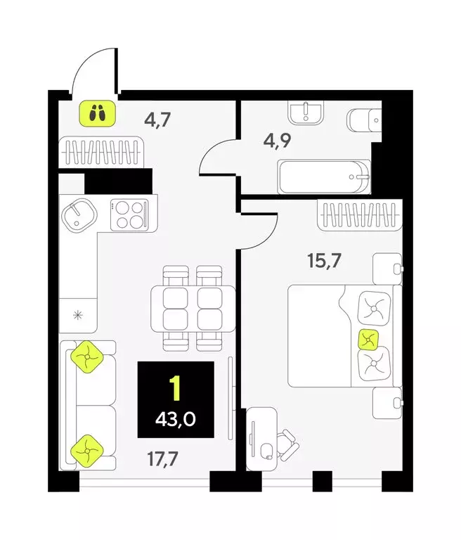 1-комнатная квартира: Тюмень, улица Ивана Чистякова, 3 (43 м) - Фото 1