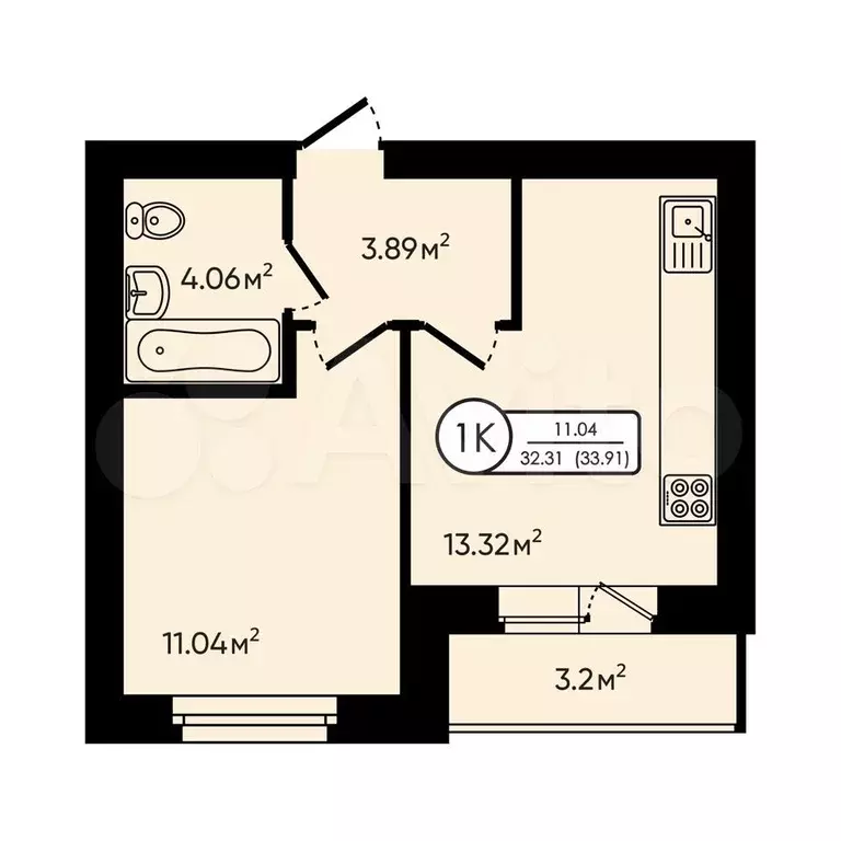 1-к. квартира, 33,9 м, 4/6 эт. - Фото 0