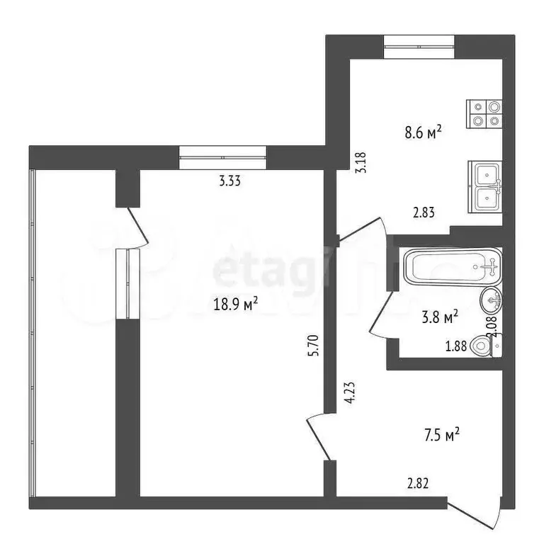 1-к. квартира, 38,8 м, 2/3 эт. - Фото 0