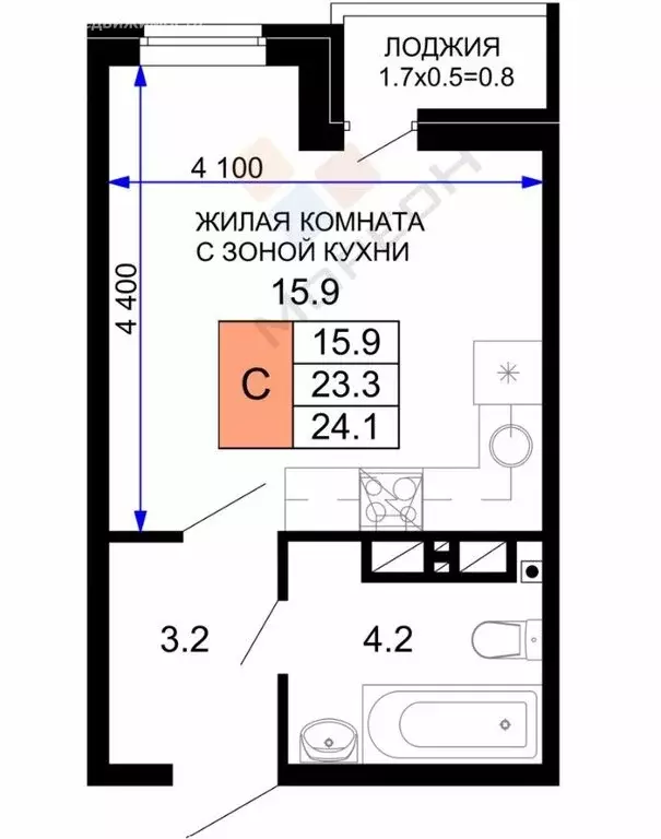 Квартира-студия: Краснодар, улица Лётчика Позднякова, 2к21 (23.9 м) - Фото 0