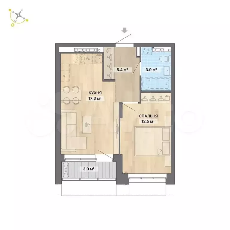 1-к. квартира, 42,1 м, 2/8 эт. - Фото 0