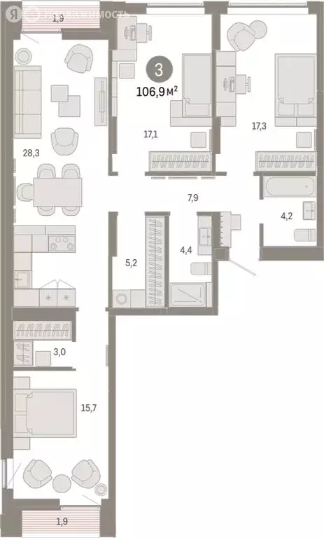 3-комнатная квартира: Екатеринбург, улица Гастелло, 19А (106.88 м) - Фото 1