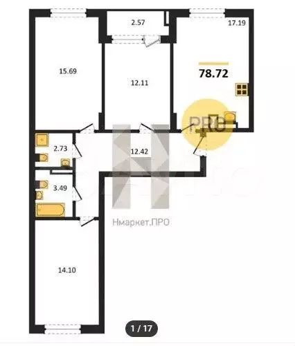 3-к. квартира, 78,7 м, 3/9 эт. - Фото 1