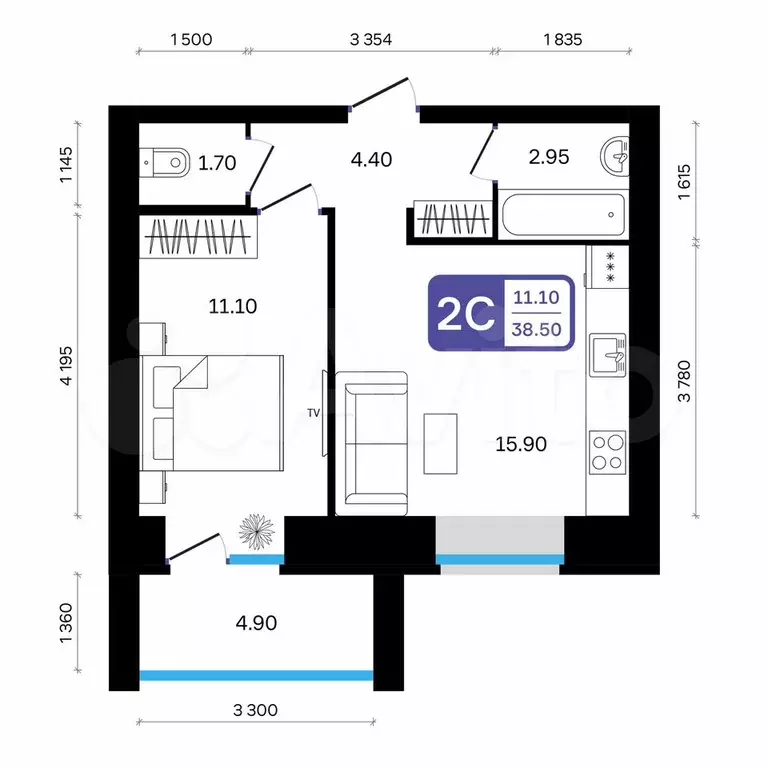 2-к. квартира, 38,5 м, 1/9 эт. - Фото 0
