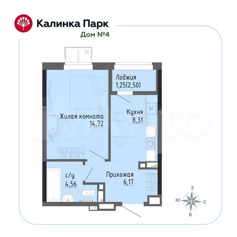 1-к. квартира, 34,2 м, 8/17 эт. - Фото 0