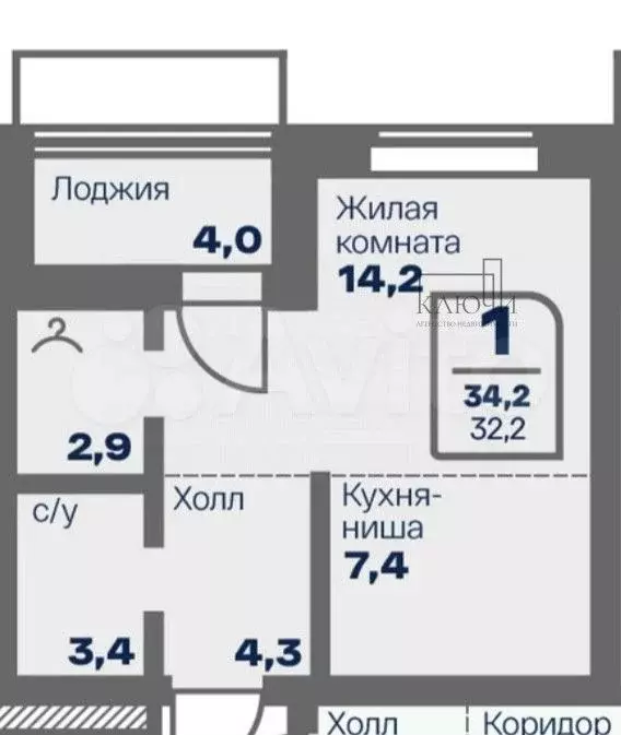 Квартира-студия, 34,2 м, 2/16 эт. - Фото 0