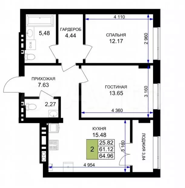 2-к. квартира, 65м, 2/7эт. - Фото 1