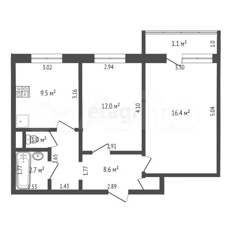 2-к. квартира, 52 м, 7/9 эт. - Фото 0