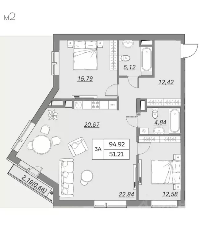 3-к кв. Татарстан, Казань ул. Хади Атласи, 28 (94.92 м) - Фото 2
