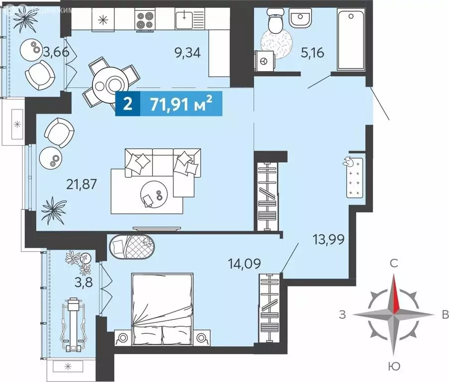 2-комнатная квартира: Засечное, Прибрежный бульвар, 5 (71.91 м) - Фото 0