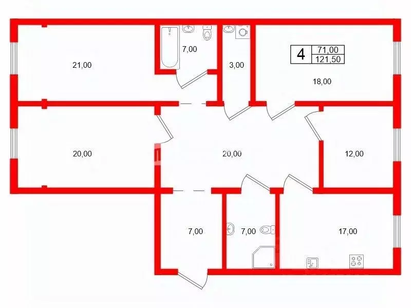 Квартира, 4 комнаты, 121.5 м - Фото 1