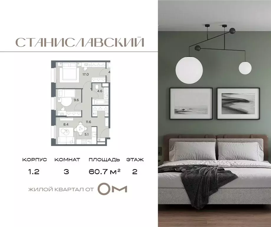 3-комнатная квартира: деревня Поздняково, жилой комплекс Станиславский ... - Фото 1