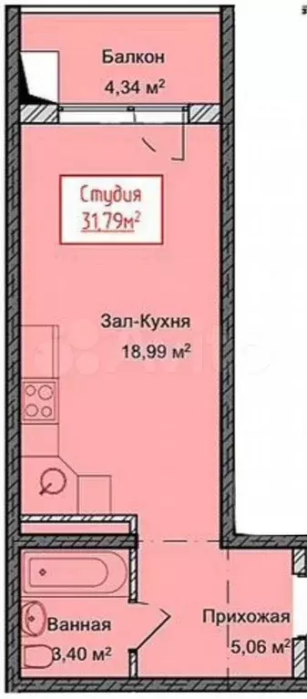 Квартира-студия, 31,8 м, 5/13 эт. - Фото 1