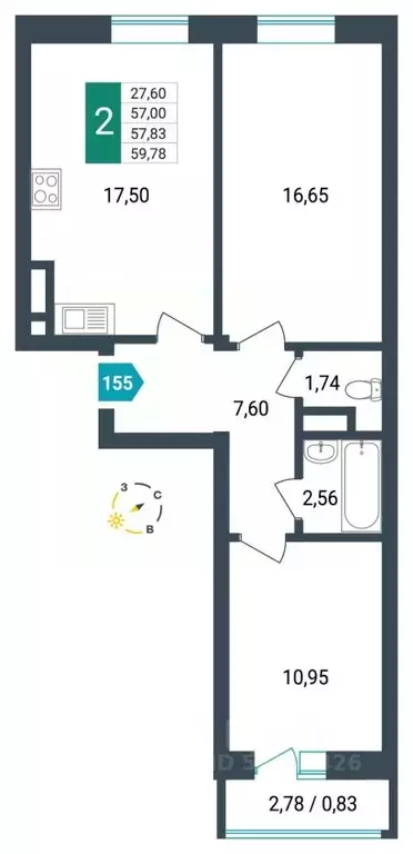 2-к кв. Забайкальский край, Чита ул. Бабушкина, 42Б (57.83 м) - Фото 0