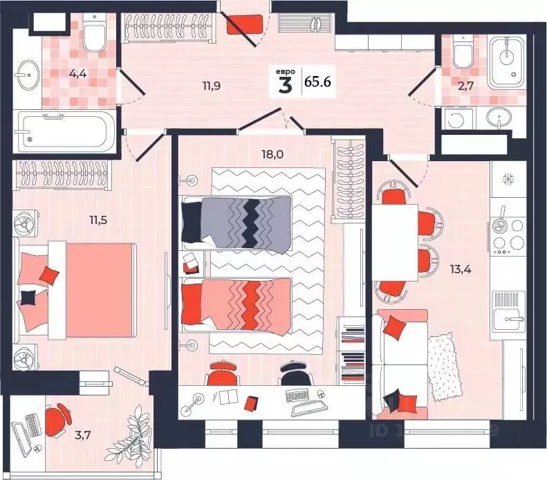 3-к кв. Тульская область, Тула ул. Академика Насоновой, 1А (65.6 м) - Фото 1
