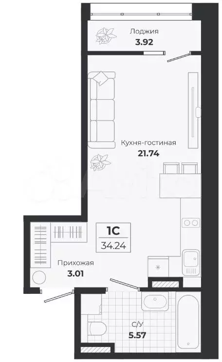 Квартира-студия, 34,2 м, 2/9 эт. - Фото 1