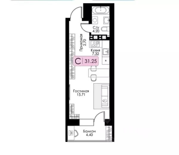 Студия Тверская область, Тверь ул. Коминтерна, 91/14 (31.0 м) - Фото 1