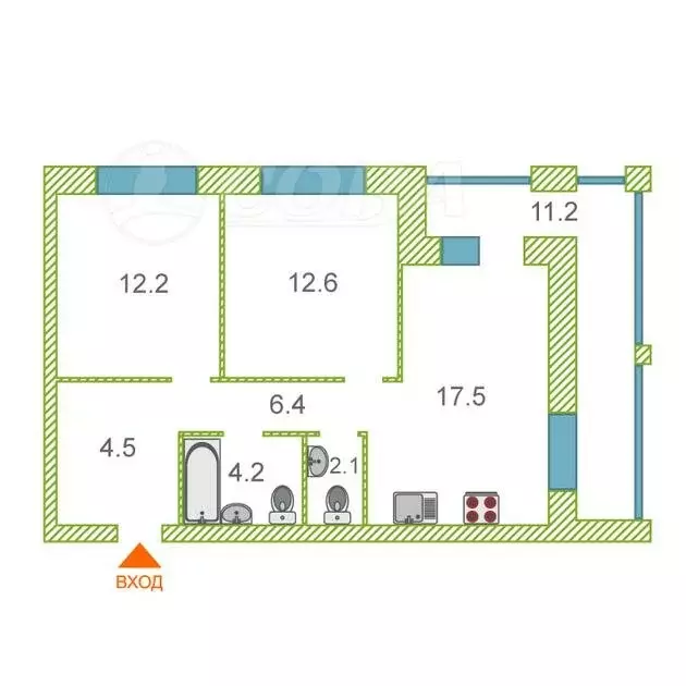 2-комнатная квартира: Тюмень, улица Николая Глебова, 3 (58.7 м) - Фото 1